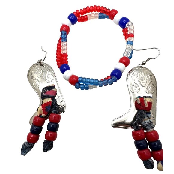 Handcrafted Cowboy Boot Earrings Jewelry Set with Red/White/Blue Beaded Bracelet - Picture 1 of 8
